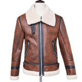 Men's Vintage Lambswool Warm Lapel Zipper Motorcycle Leather Jacket 90000653M