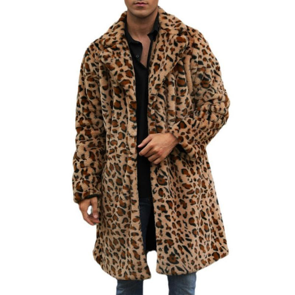 Men's Classic Casual Leopard Plush Faux Fur Suit Collar Mid-Length Coat 66169813K