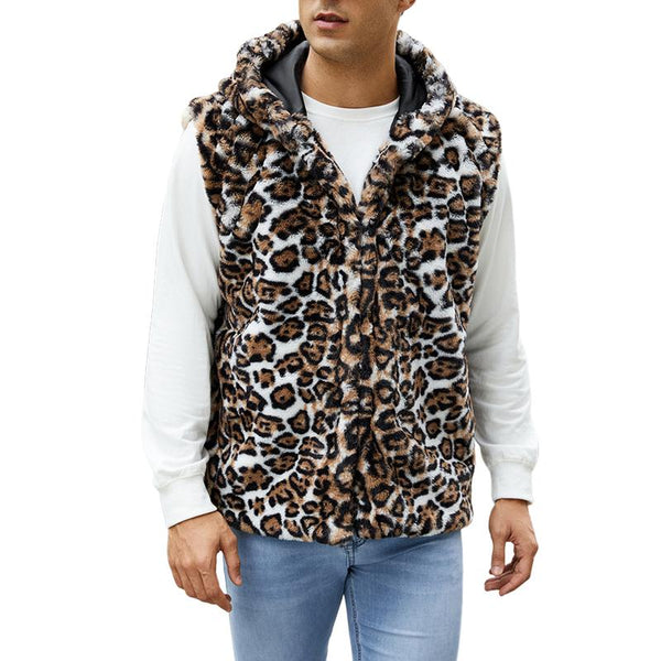 Men's Casual Faux Fur Hooded Leopard Vest 22259889Y