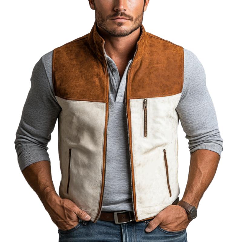 Men's Vintage Suede Colorblock Zipper Stand Collar Vest 97647242Y