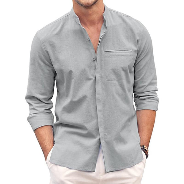 Men's Solid Cotton And Linen Stand Collar Breast Pocket Long Sleeve Shirt 50497304Z