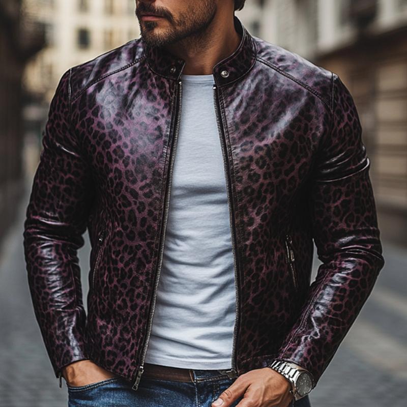 Men's Fashion Leopard Print Stand Collar Zipper Slim Fit Leather Jacket 32750677M