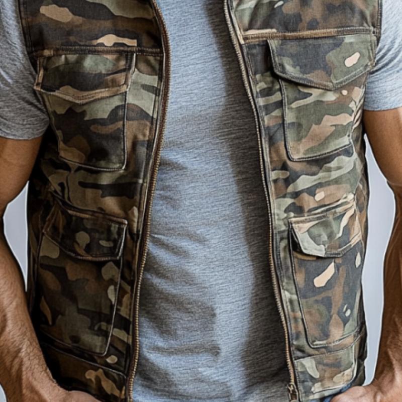 Men's Fashion Camouflage Washed Stand Collar Multi-Pocket Zipper Vest 77191199Y