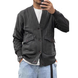 Men's Casual Fleece V-neck Single-breasted Large Pocket Loose Jacket 22625814M