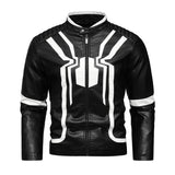 Men's Stylish Spider Embroidered Stand Collar Zipper Motorcycle Leather Jacket 10099927M