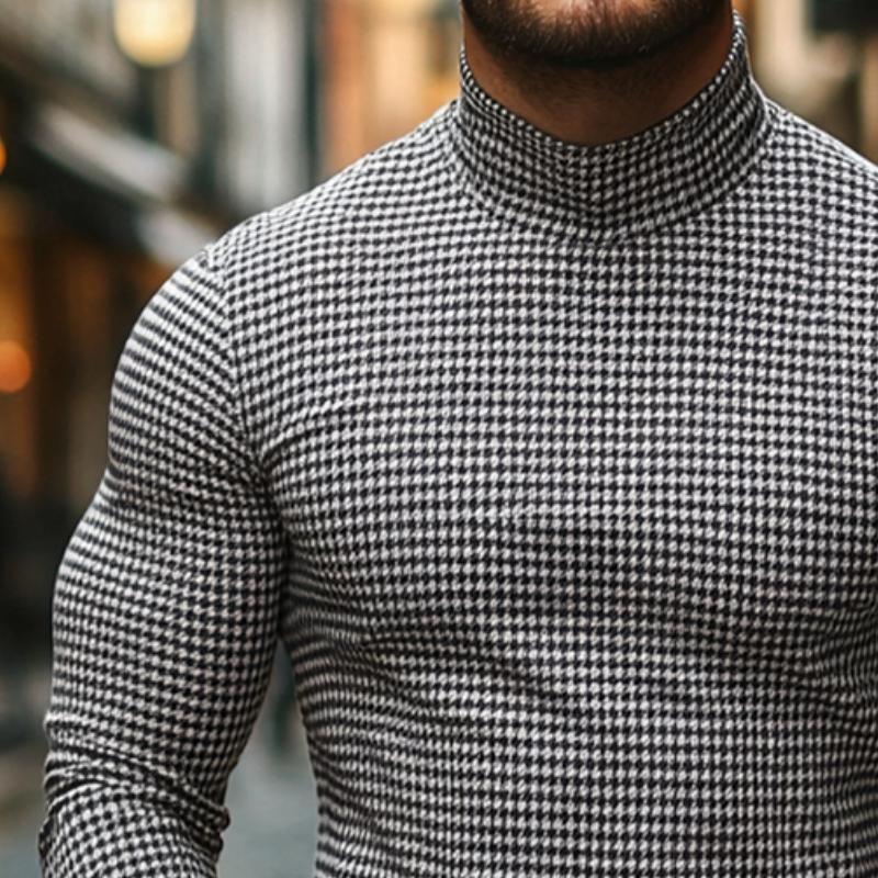 Men's Retro Casual Houndstooth Print Turtleneck Long Sleeve T-Shirt 11085960TO