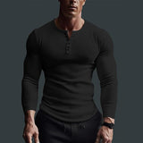 Men's Solid Striped Henley Collar Long Sleeve T-shirt 71889587Z