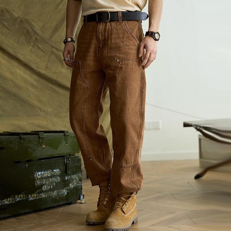 Men's Retro Stitching Loose Straight Denim Cargo Pants 00352546Z