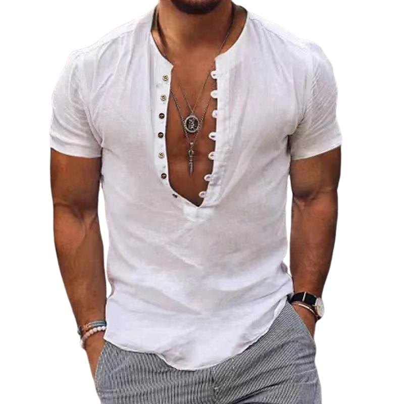 Men's Casual Solid Color Button Round Neck Short Sleeve Shirt 95053775Y