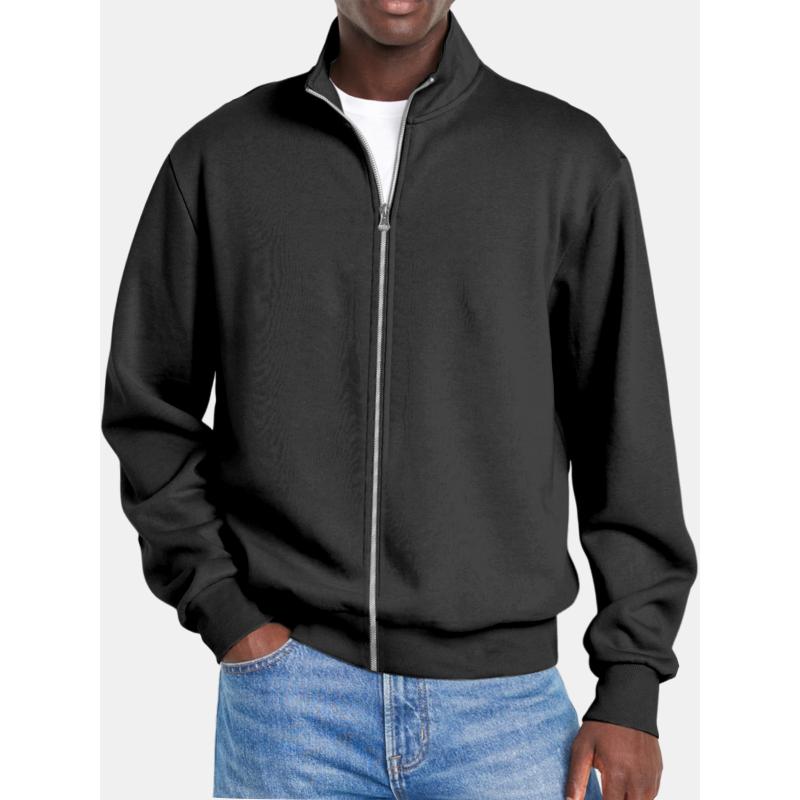 Men's Solid Color Zipper Stand Collar Long Sleeve Sweatshirt Jacket 58782049Y