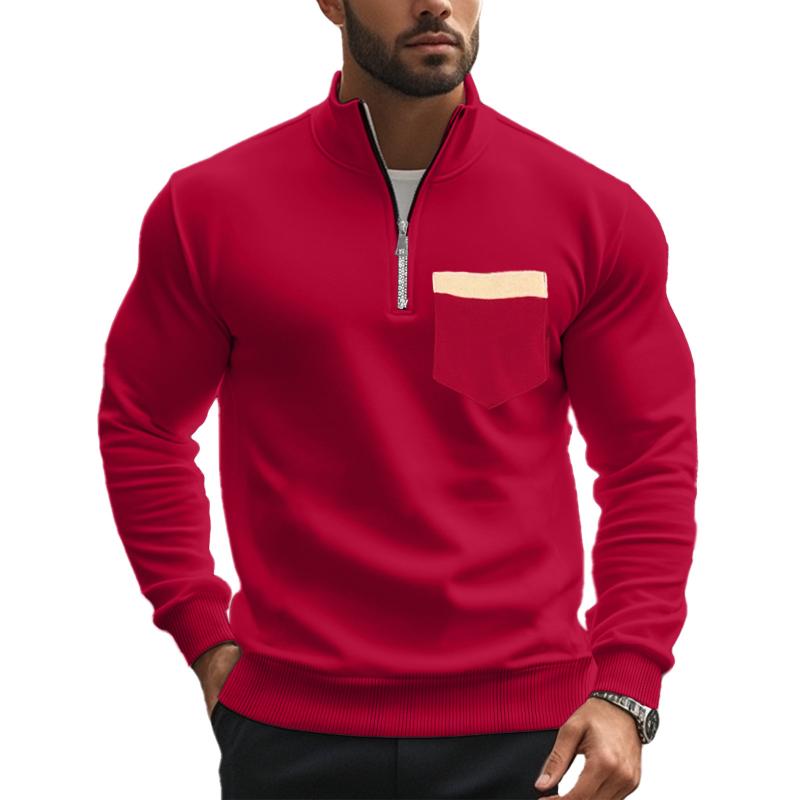 Sweat-shirt décontracté à col montant et fermeture éclair pour homme, couleur unie 21133783X