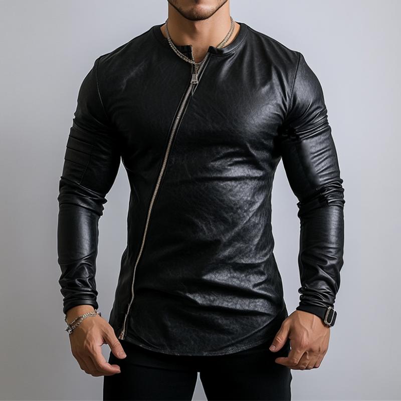 Men's Stylish Round Neck Zippered Placket Slim Fit leather long sleeve T-shirt 69310680K