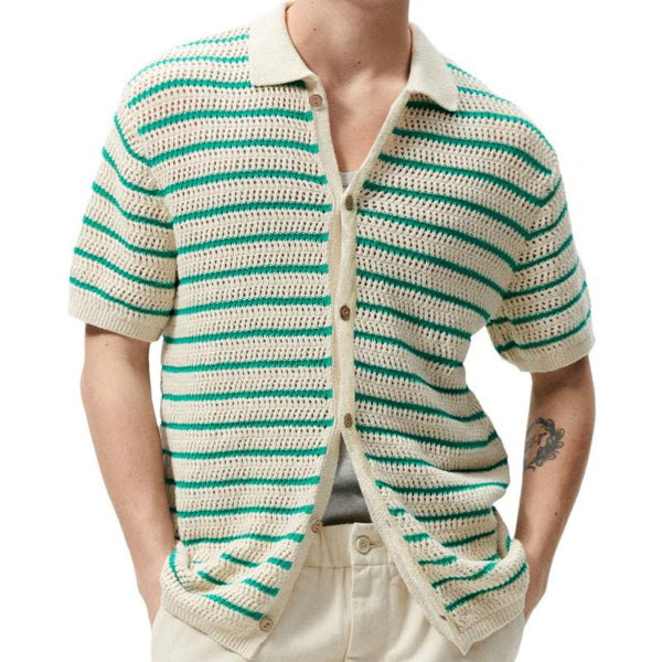 Men's Casual Striped Lapel Short-Sleeved Knitted Cardigan 59721856M