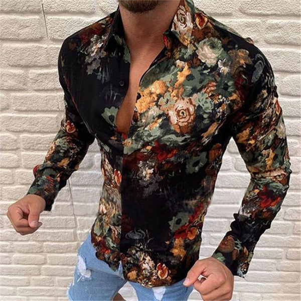 Men's Retro Casual Floral Lapel Long Sleeve Shirt 57595566TO