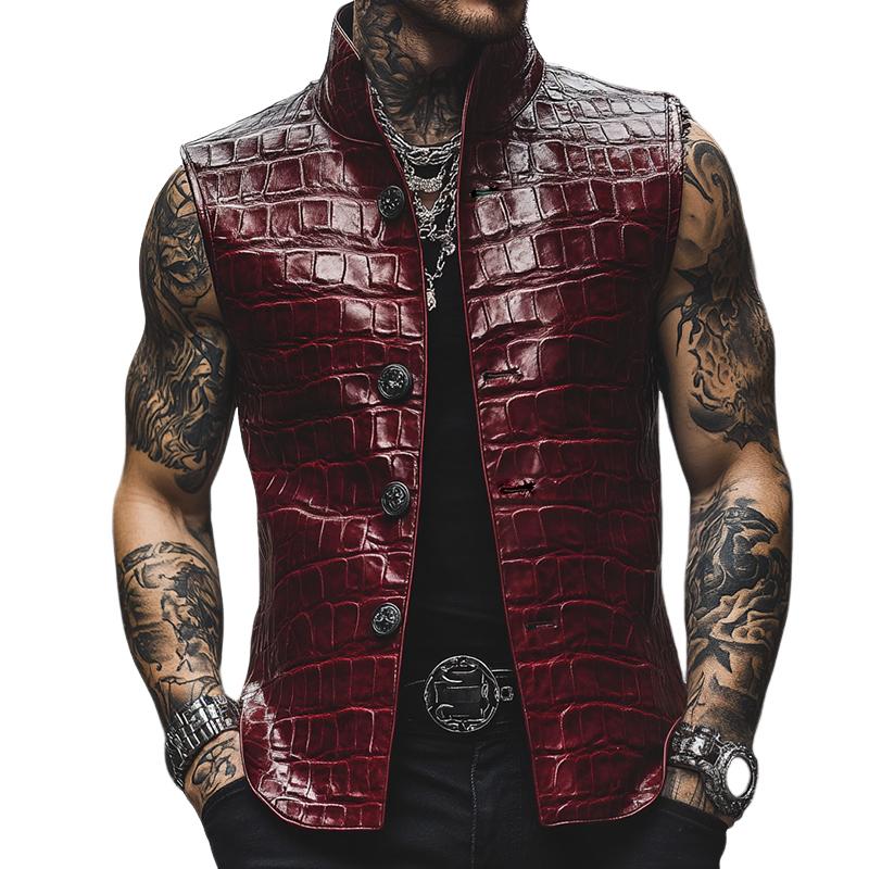 Men's Retro Casual Embossed Stand Collar Leather Vest 16866806TO