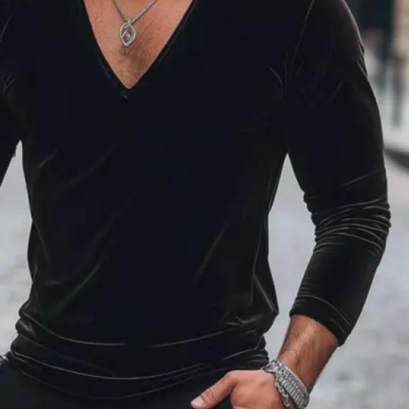 Men's Fashion Velvet V Neck Slim Fit Long Sleeve T-Shirt 19968756Y