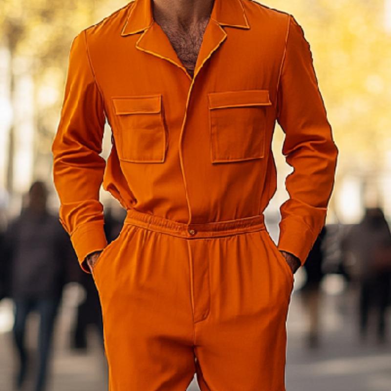 Men's Stylish Orange Lapel Long Sleeve Jumpsuit 67782954F