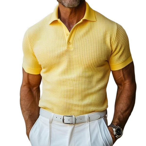 Men's Casual Solid Color Waffle Lapel Short Sleeve Polo Shirt 20600697M