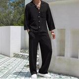 Men's Casual Notch Lapel Patch Pocket Long Sleeve Shirt Loose Pants Set 69267219M