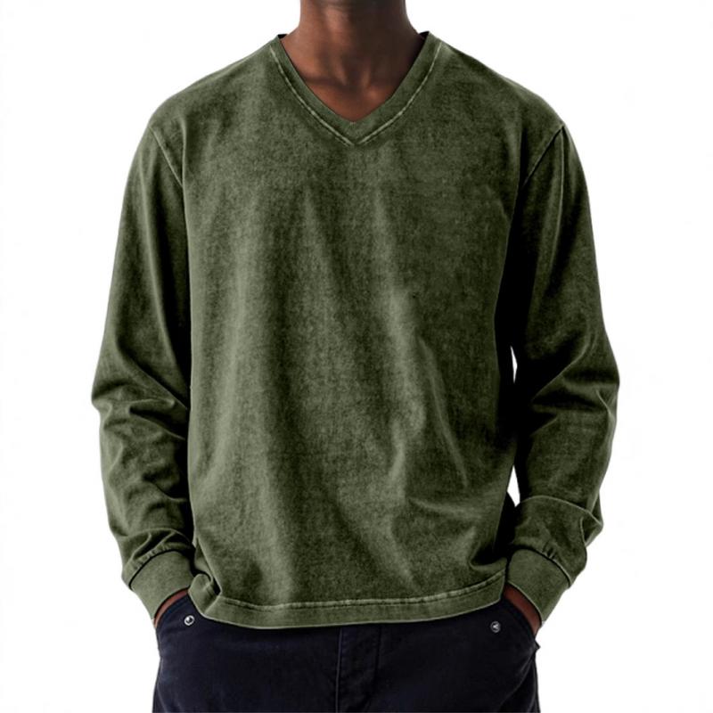 Men's Solid Color Loose V Neck Long Sleeve T-shirt 42661226Z