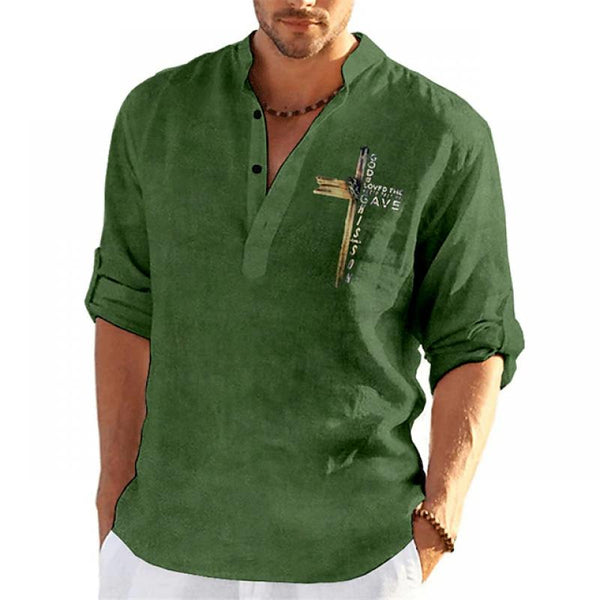 Men's Breast Printed Henley Collar Rolled Sleeve Casual Beach Shirt 07182371Z