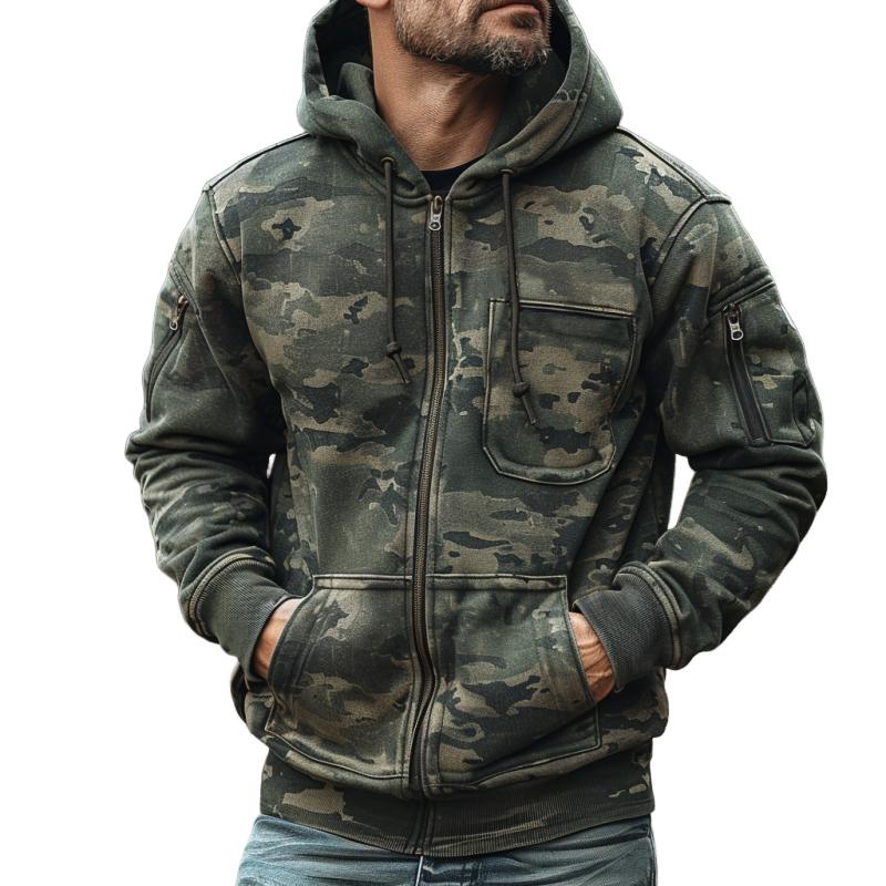 【24-hour shipping】Men's Camouflage Print Chest Pocket Hooded Sweatshirt Jacket 55874843Y