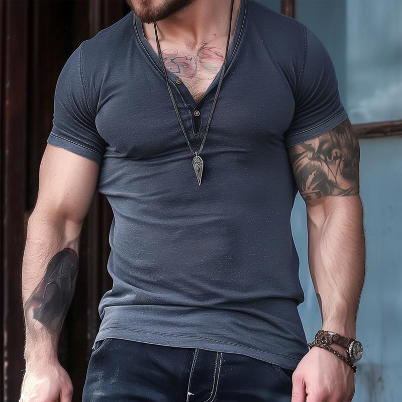 Men's Solid Buttons V Neck Short Sleeve Casual T-shirt 05291147Z