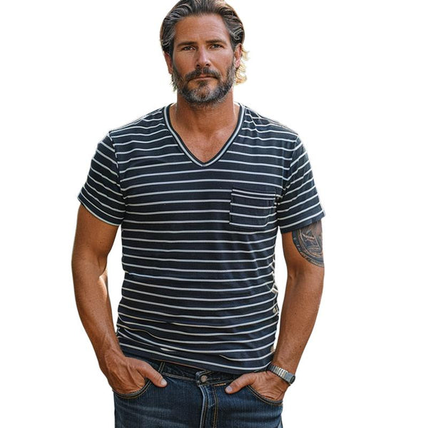 Men's Casual Striped V-neck Short-sleeved T-shirt 02129365X