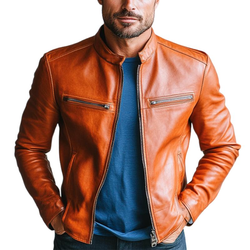 Men's Classic Casual Slim Stand Collar Leather Jacket 84240822K