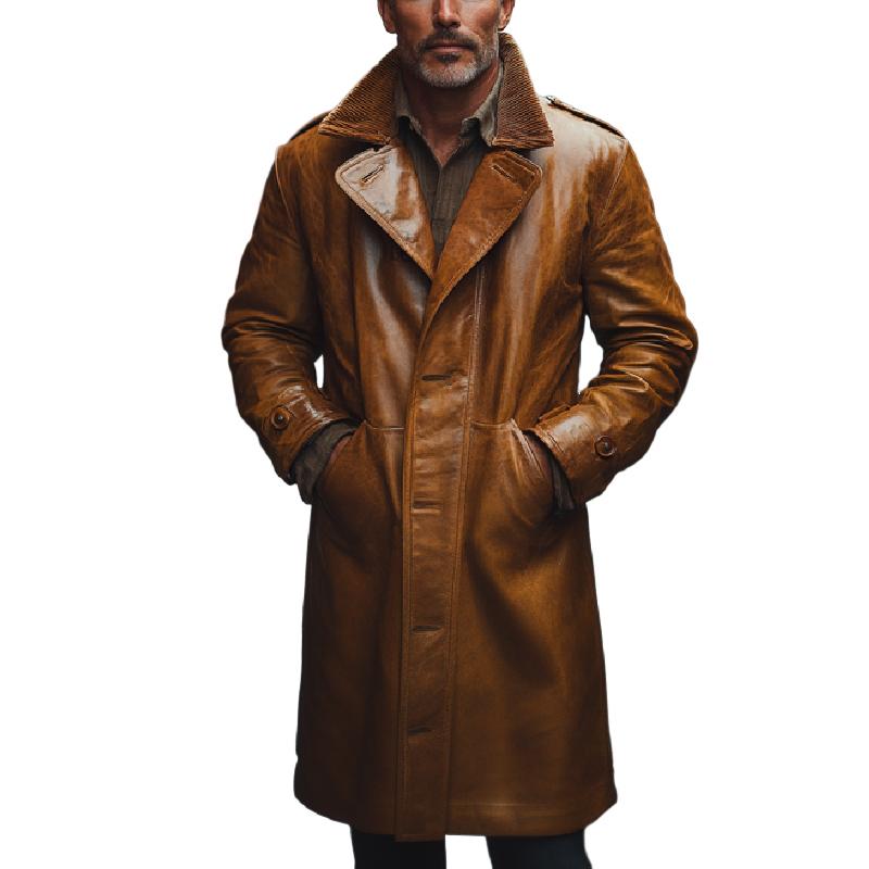 Men's Classic Mid-length Single-breasted Lapel Leather Coat 77265125F