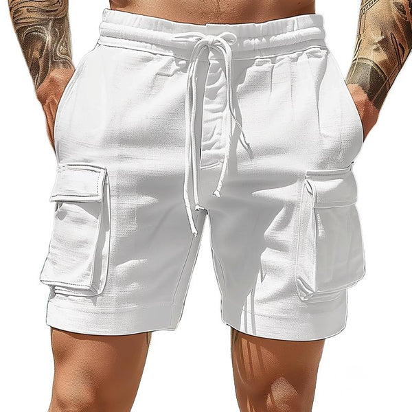 Men's Solid Cotton And Linen Multi-pocket Elastic Waist Casual Shorts 51702131Z
