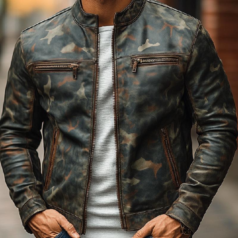 Men's Stylish Camouflage Zipper Leather Jacket 11353900F