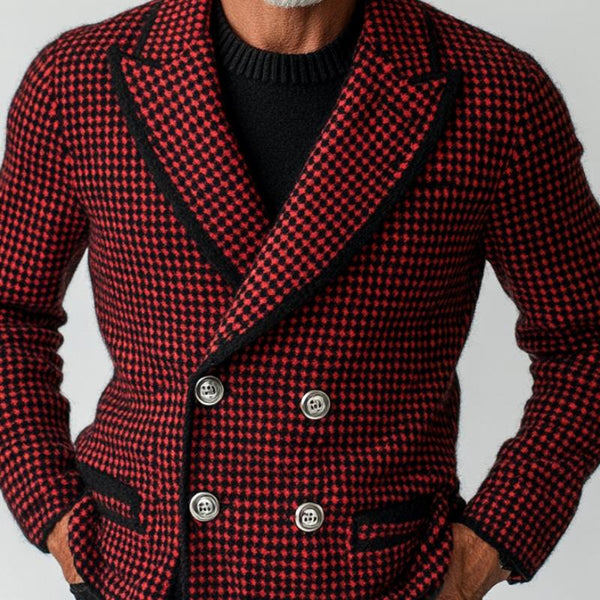 Men's Vintage Houndstooth Jacquard Peak Lapel Double Breasted Knit Cardigan 75495478Y