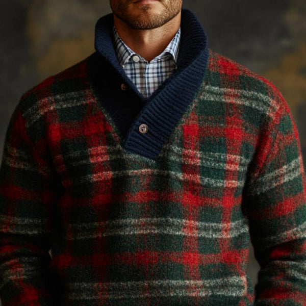 Men's Vintage Christmas Colorblock Plaid Knit Button Turtleneck Sweater 83236082Y