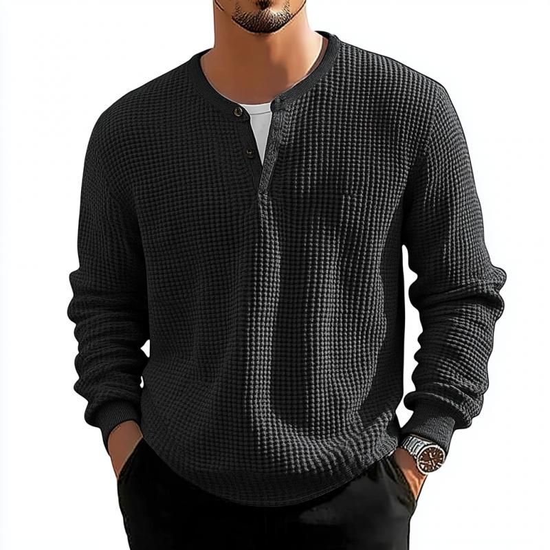 Men's Solid Waffle Button Round Neck Long-Sleeved T-Shirt 47911009Y