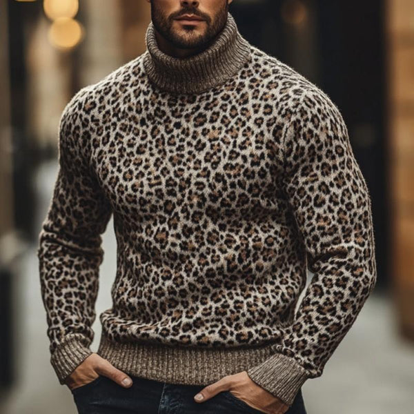 Men's Fashion Leopard Jacquard Turtleneck Warm Knitted Sweater 81154421M