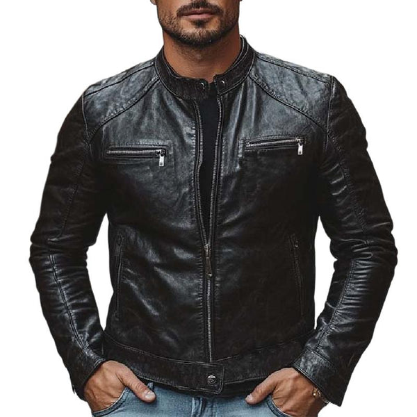 Men's Classic Casual Slim Stand Collar Zipper Leather Jacket 39393977K