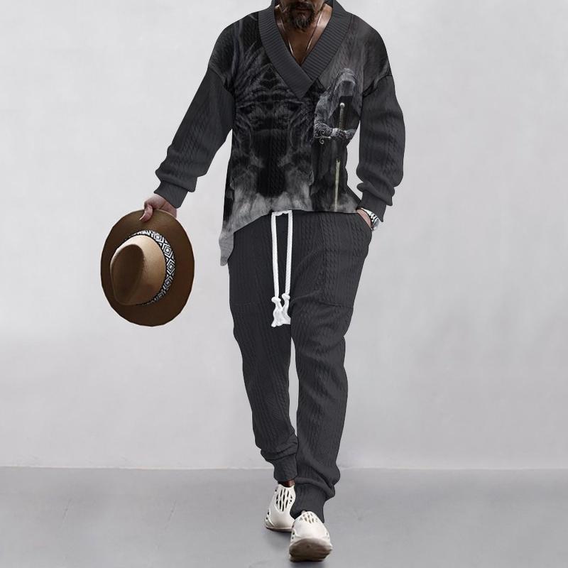 Men's Classic Casual 3D Printed Knitted Loose V-Neck Long Sleeve Sweatshirt Elastic Waist Sweatpants Set 31156534K