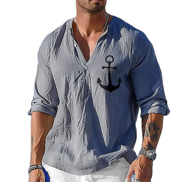 Men's Vintage Anchor Cotton and Linen Long Sleeve Shirt 90413375TO