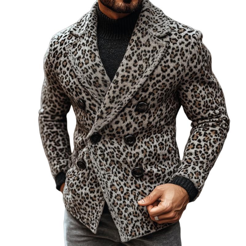 Men's Vintage Leopard Jacquard Double Breasted Knitted Blazer Cardigan 43436488Y