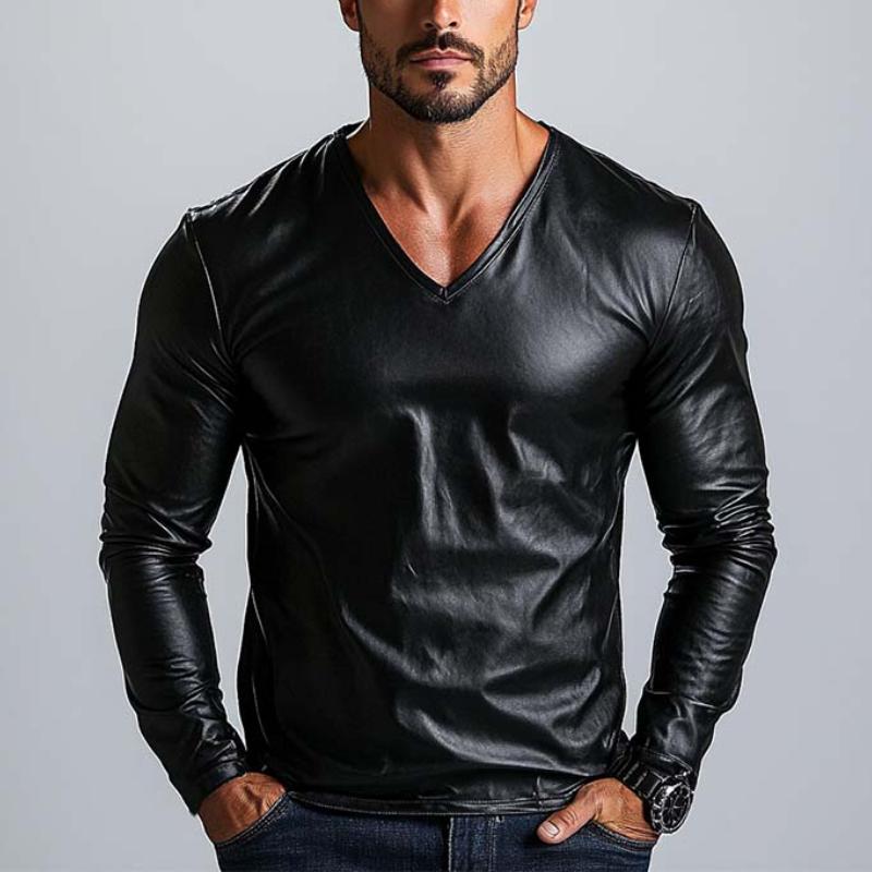 Men's Classic Casual V-Neck Leather Long Sleeve T-Shirt 07271932K