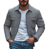 Men's Casual Houndstooth Lapel Multi-Pocket Zipper Slim Fit Jacket 40142953M