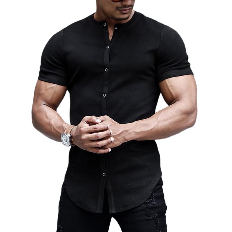 Men's Solid Color Single Breasted Short Sleeve Shirt 78695131X