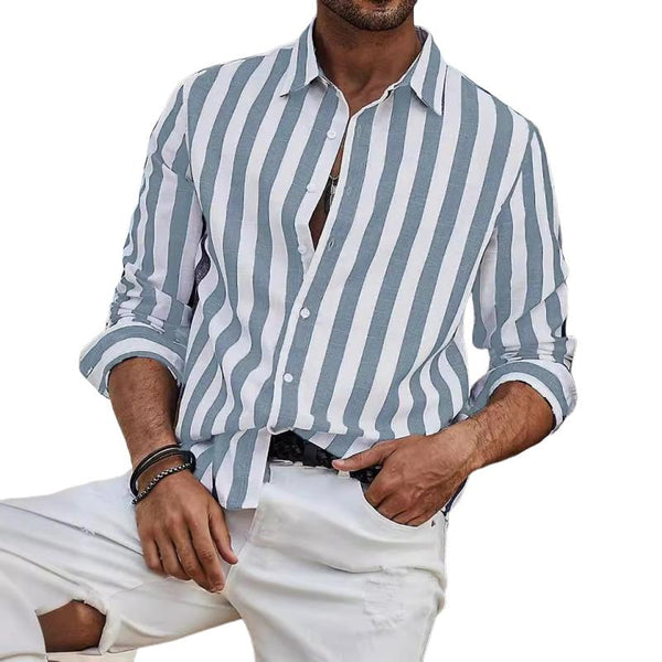 Men's Casual Cotton and Linen Striped Long Sleeve Shirt 17628999Y