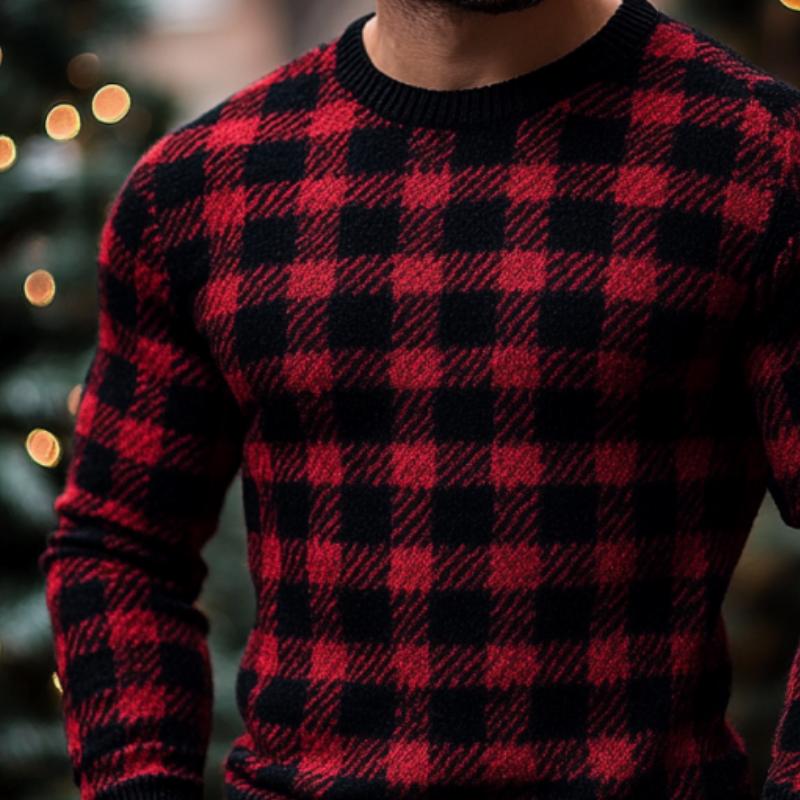 Men's Christmas Red and Black Check Crew Neck Slim Fit Sweater 61536745Y