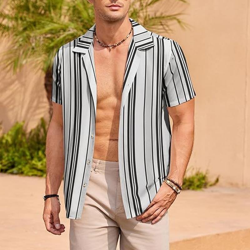 Men's Striped Lapel Short Sleeve Beach Shirt 30811765Z