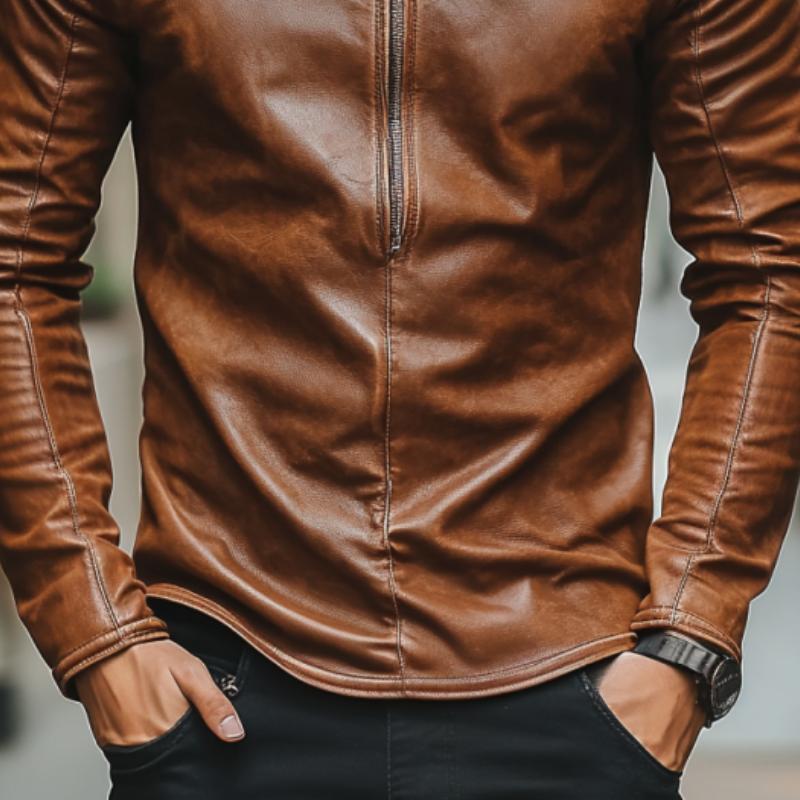 Men's Casual Fashion Round Neck Zipper Slim Leather Long Sleeve T-Shirt 98608514K