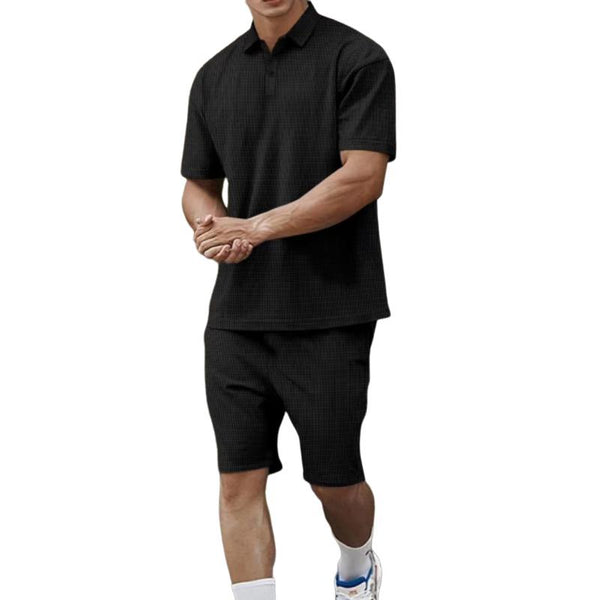 Men's Solid Color Lapel Short-Sleeved Polo Shirt And Shorts Set 90358182Y