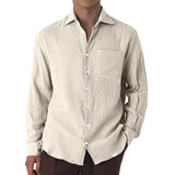 Men's Casual Cotton Linen Pleated Lapel Patch Pocket Slim Fit Long Sleeve Shirt 86231655M