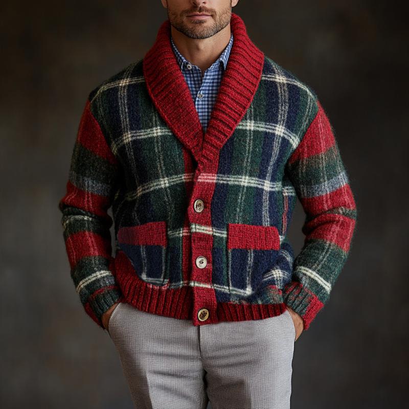 Men's Retro Christmas Colorful Plaid Lapel Single-breasted Knit Cardigan 43798367Y